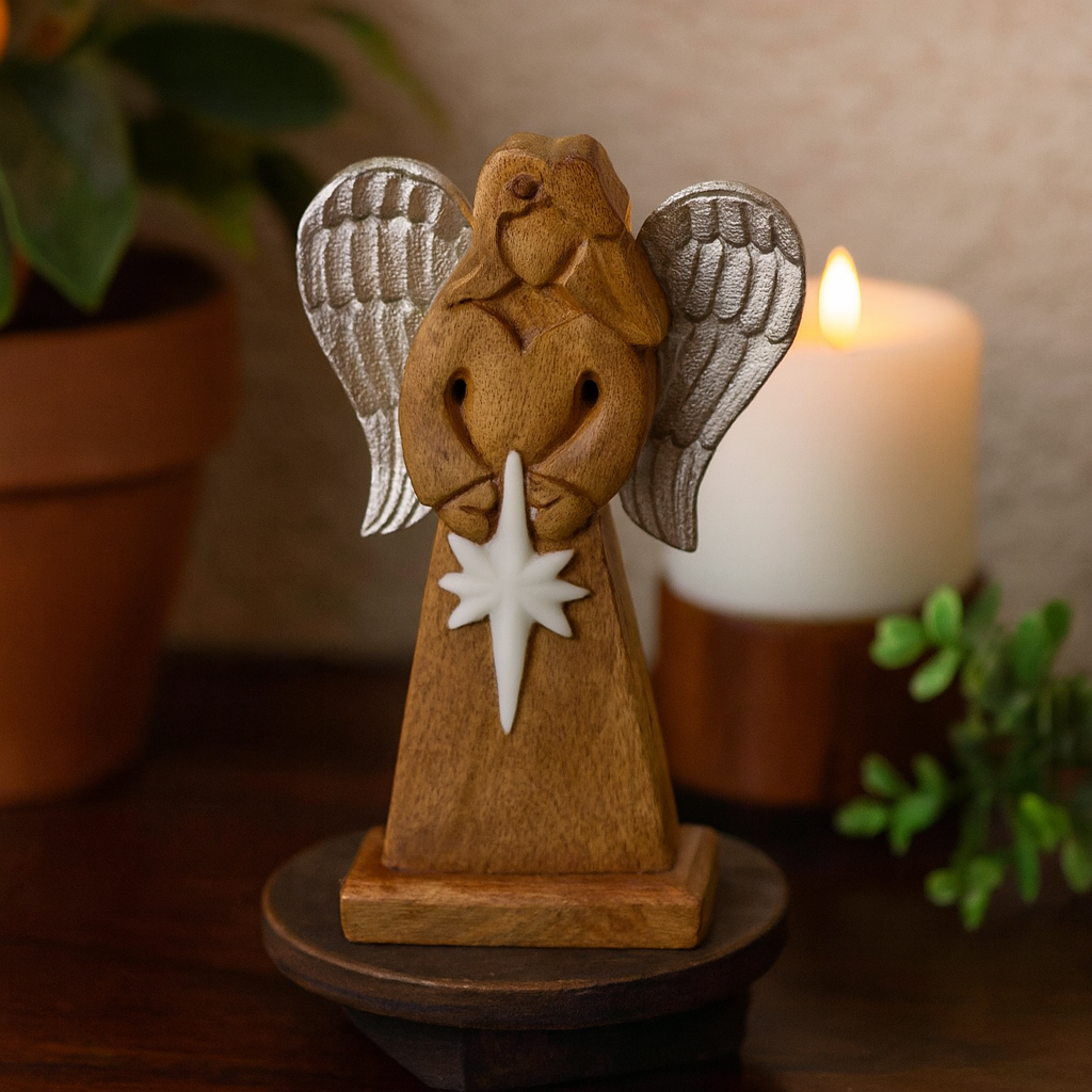 Handcarved Mango Wood Angel with Metal Wings 30cm