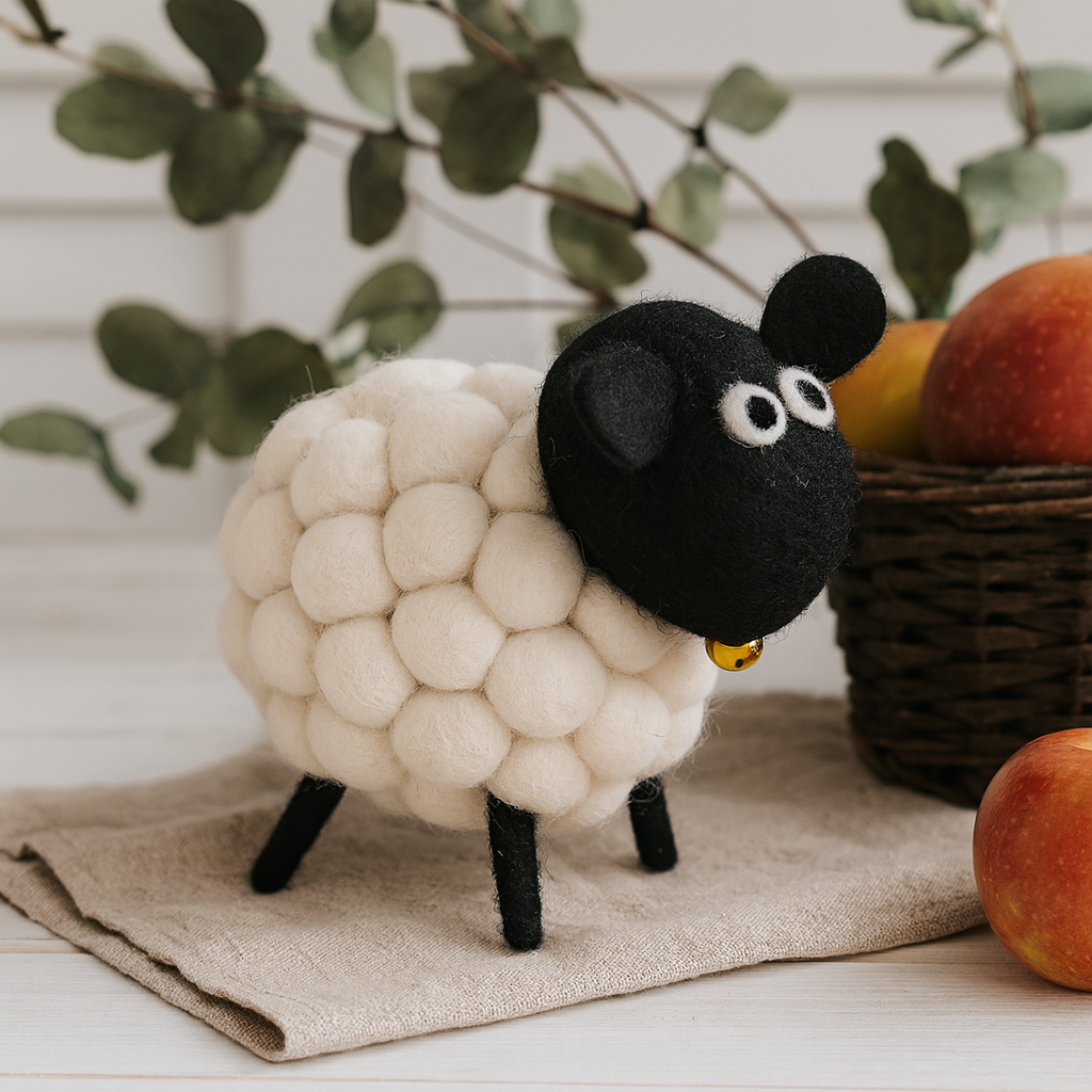 Figurina oaie din fetru, albă cu zgardă cu clopoțel