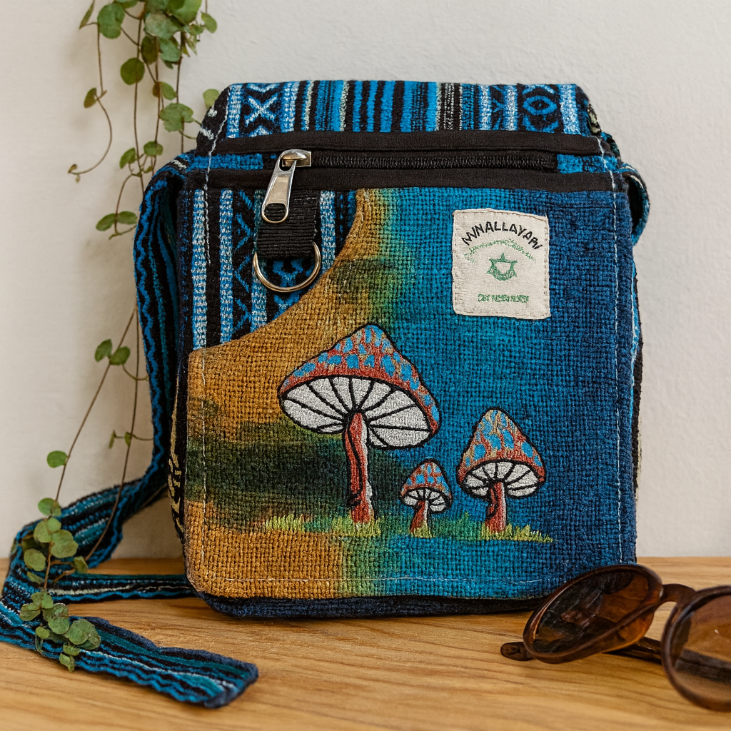 Рамена чанта от коноп, бродирани зелени гъби