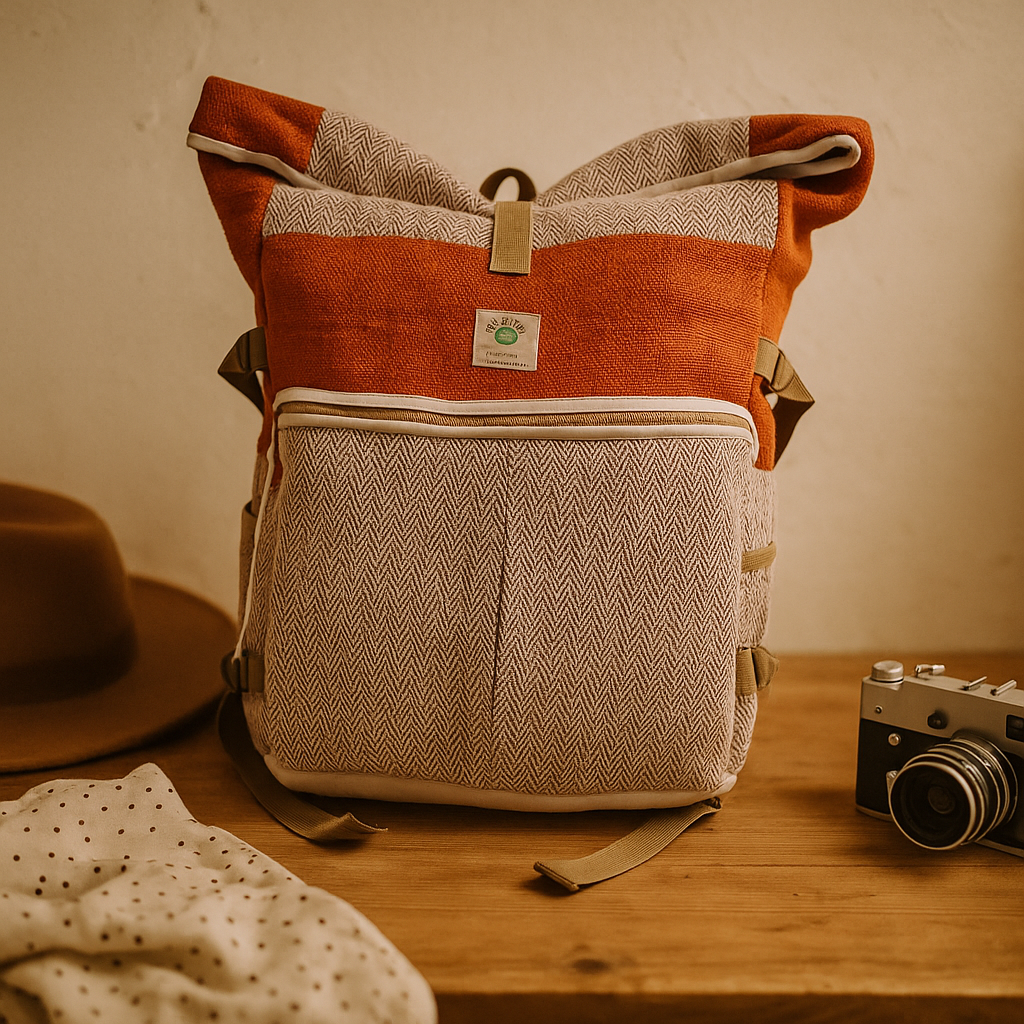 Konopný batoh na rolování a turistiku, západ slunce oranžový rybí kost Nepál