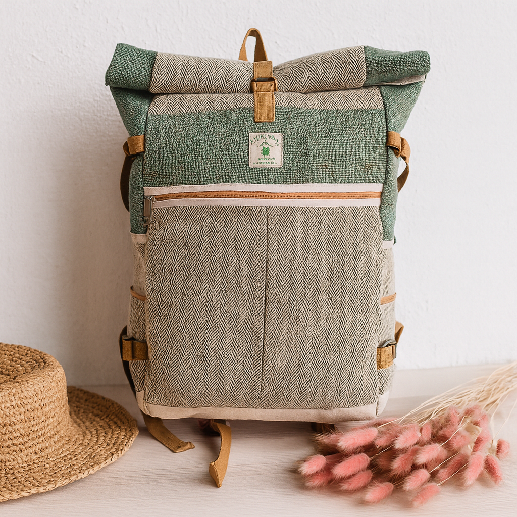 Konopný trekingový batoh s rolovacím uzávěrem, šalvějově zelený