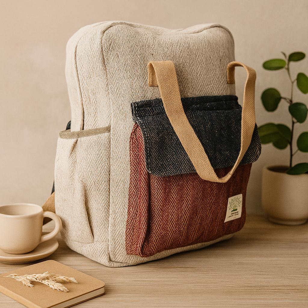 Hennep Rugzak Visgraat Crème Donkerblauw Rood