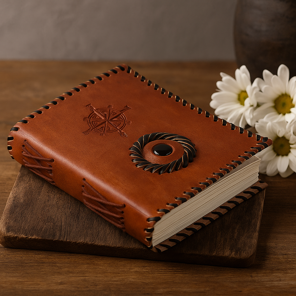 Lædernotesbog Sort Kompas 7x5 Inches