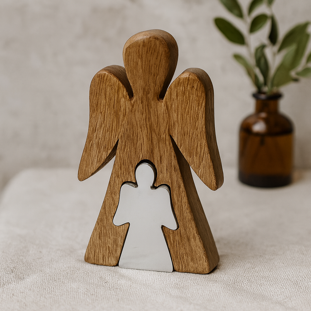Mango Wood Embracing Angels Figurine, White Enamel Decor