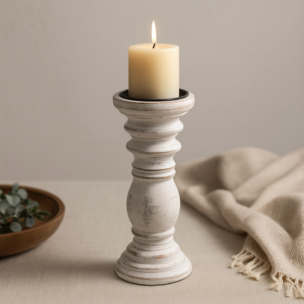 Držák na svíčku z manga, bělený, patinovaný 23x10cm
