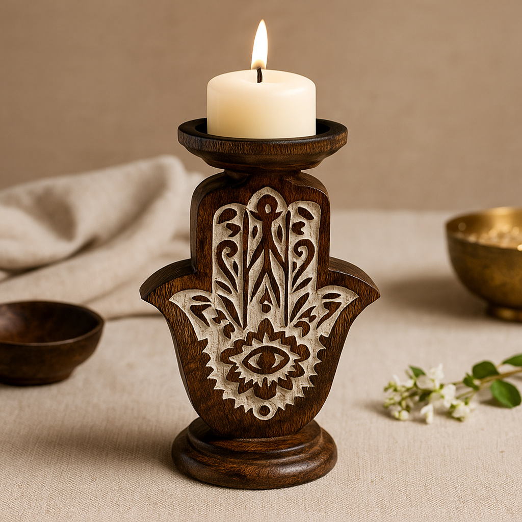 Suuri mangopuinen kynttilänjalka, kaiverrettu Hamsa-käsi