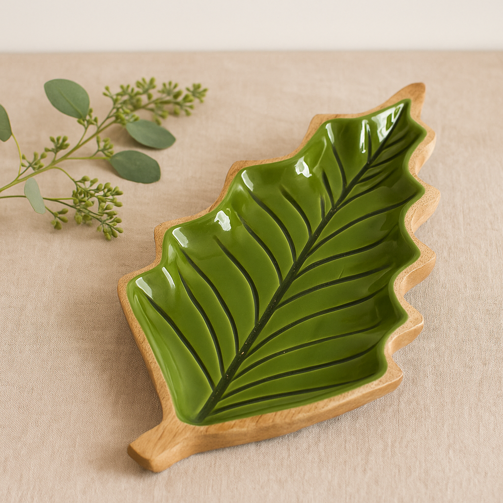 Green Enamel Leaf Mango Wood Serving Bowl 33×17cm
