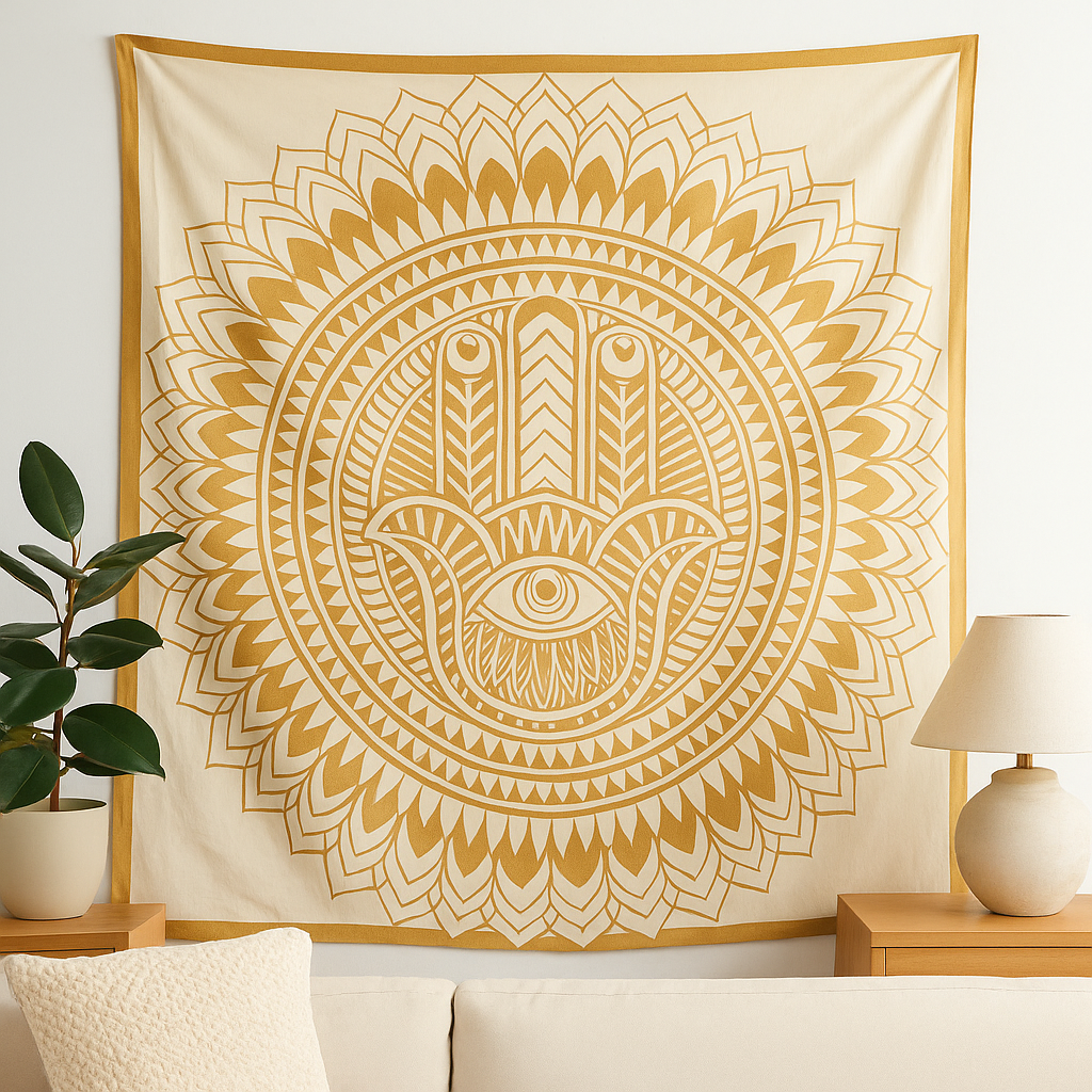 Pamut ágytakaró falikép dupla, Hamsa mandala fehér arany