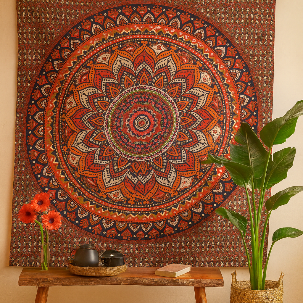 Lebhafte Mandala-Tagesdecke und Wandbehang aus Baumwolle für Doppelbetten – orange/blauer Wandteppich mit kompliziertem geometrischem und floralem Design