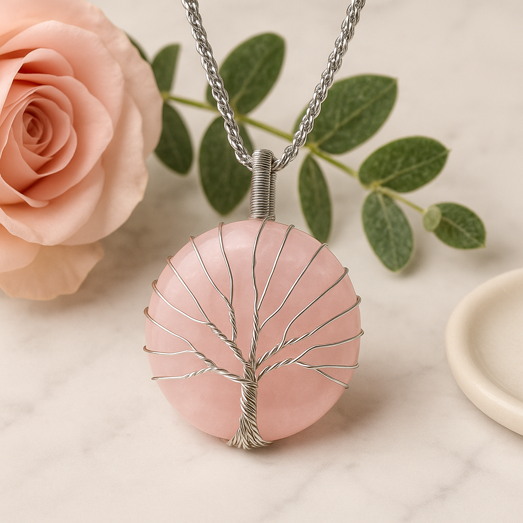 Rose Quartz Necklace Tree of Life Pendant