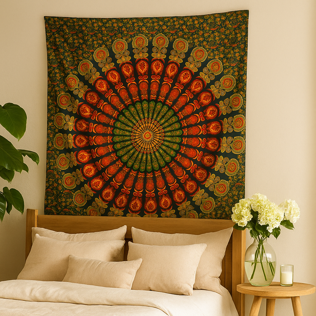 Groene Pauw Mandala Wandkleed, Dubbele Katoenen Sprei