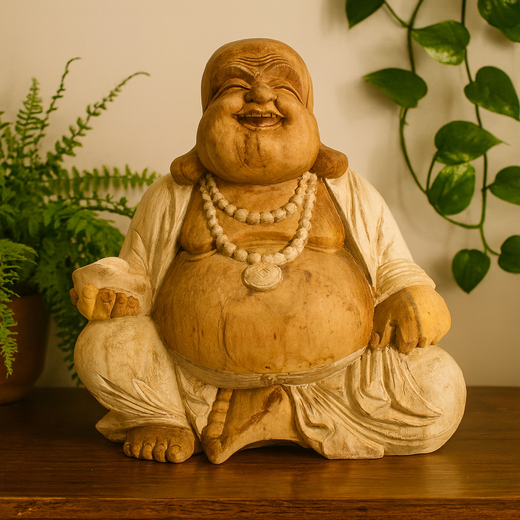 Statua di Buddha Felice Sbiancato Legno di Suar 50cm