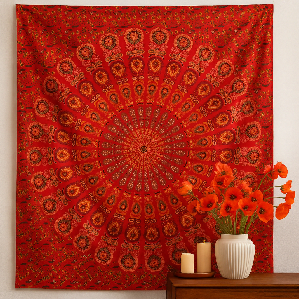 Bavlněný přehoz na dvoulůžko červený páv mandala tapisérie