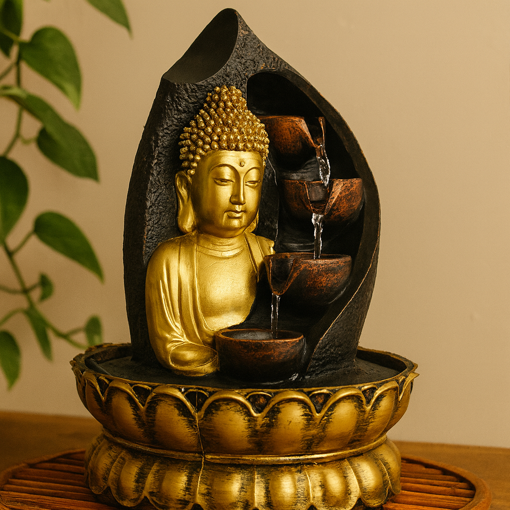 Tischbrunnen - 30 cm - Goldener Buddha und Gießtöpfe