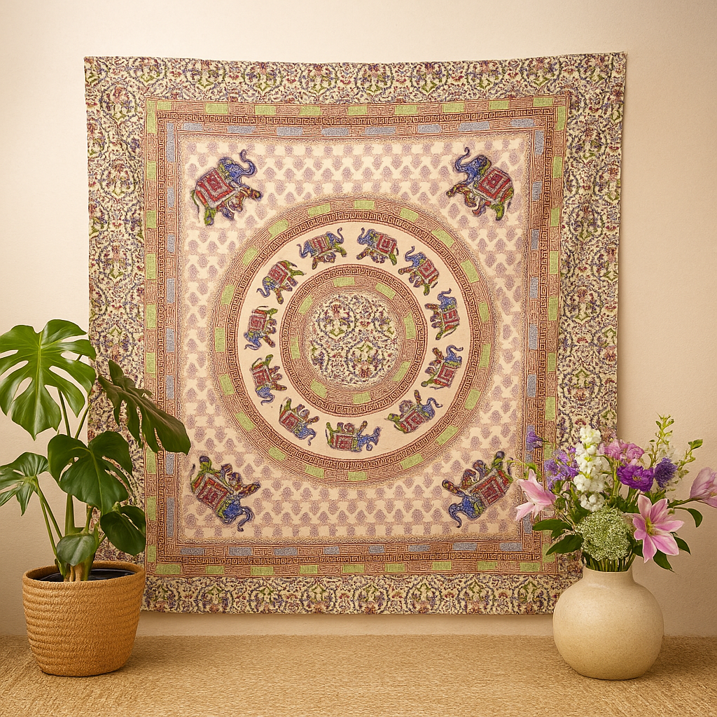 Sloní mandala závěsný koberec na zeď fialová modrá krémová