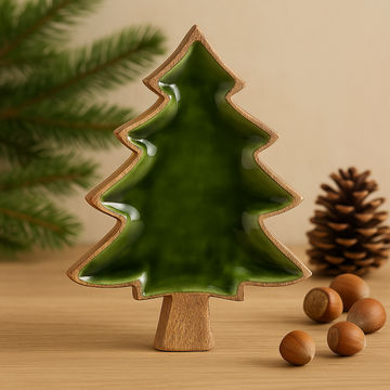 Mango Wood Christmas Tree Bowl Green Enamel 25x19cm