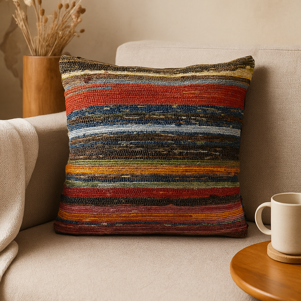 Lebendige mehrfarbige Kissenbezüge aus Flickenteppichen - Eklektisches gewebtes Dekokissen in natürlichem Grün