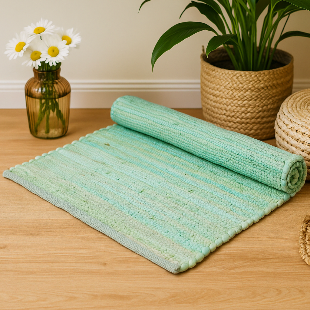 Handgefertigter aquagrüner indischer handgewebter Baumwollteppich – rustikales Webdesign