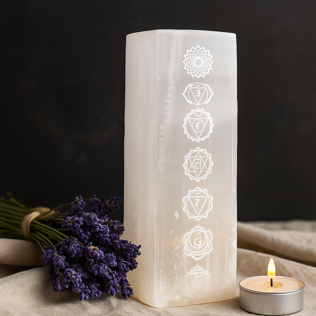 Lámpara de bloque de chakra de selenita de 25 cm
