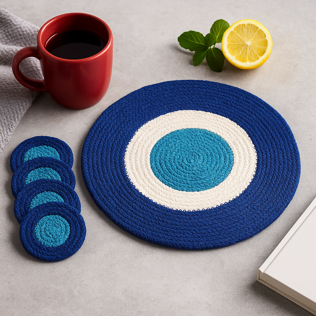 Suporturi de masă și pentru pahare din iută, câte 4 bucăți fiecare, Ochiul Rău