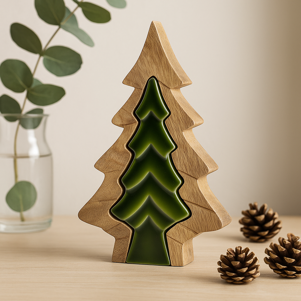 Mango Wood Nested Tree Decoration Green Enamel 15x10cm