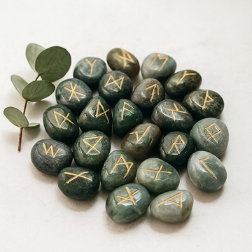 Moss Agate Rune Stones 25-Piece Set With Pouch, Runes Stones Set