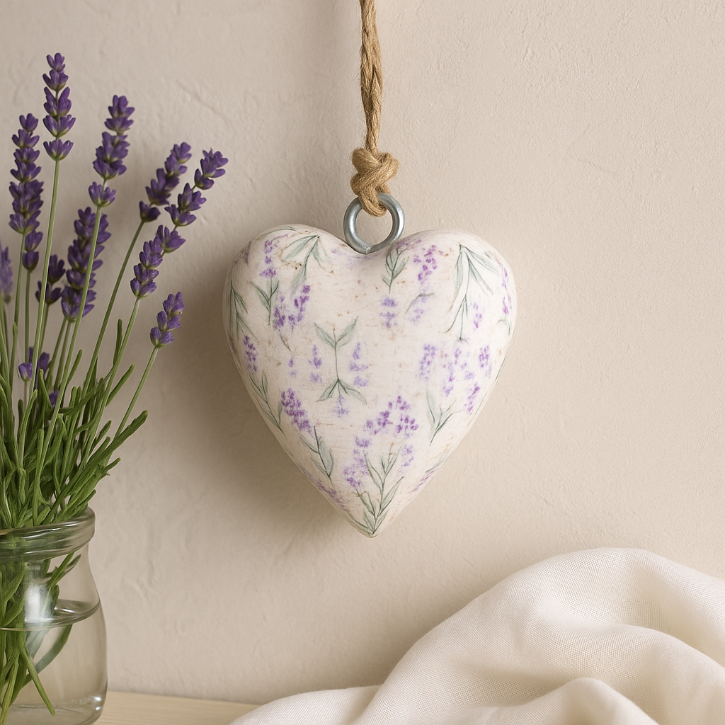 Adorno colgante de corazón de madera grande con diseño floral de lavanda
