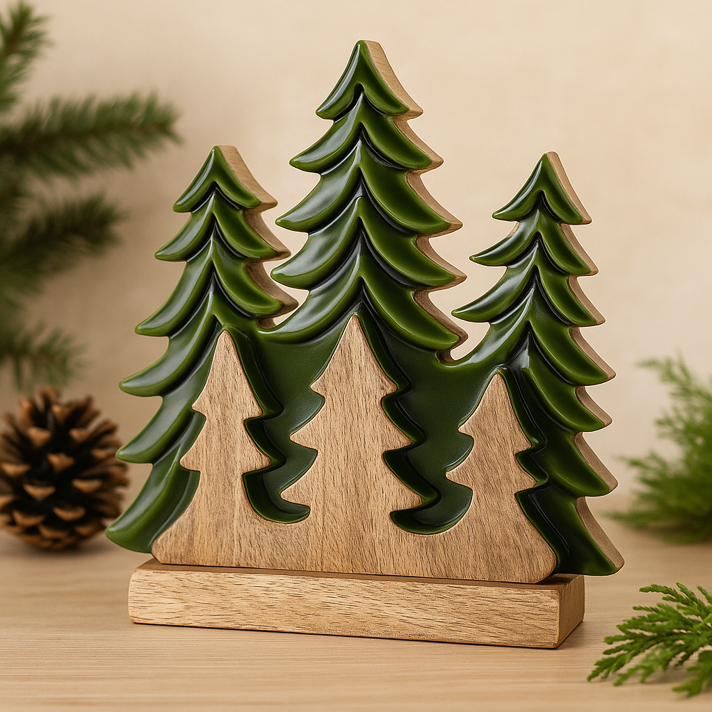 Mango Wood 3D Evergreen Trees Mantel Decor 20x23cm