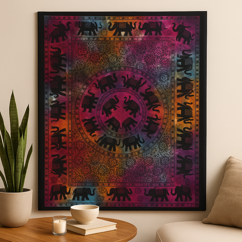 Wandkunst aus Baumwolle – Elefanten-Mandala