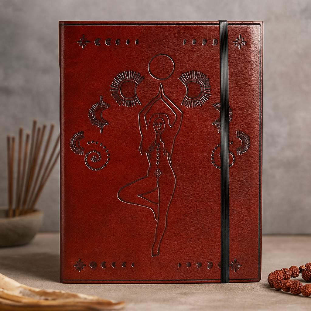 Medium ubundet læder notesbog med rem, kosmisk gudinde