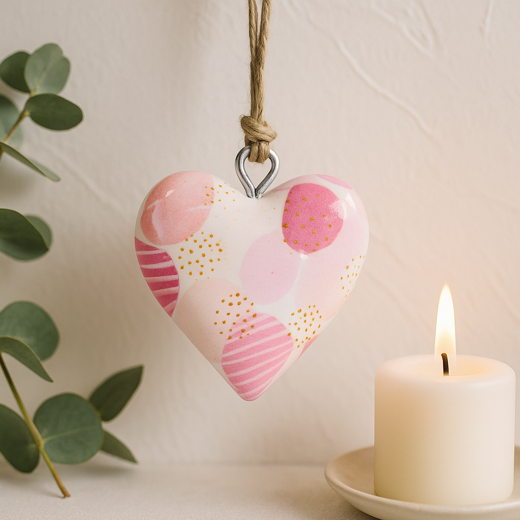 Handgefertigtes, nachhaltiges Herzornament aus Holz mit rosa abstraktem Design – Perfekt als Heimdekoration und Geschenk