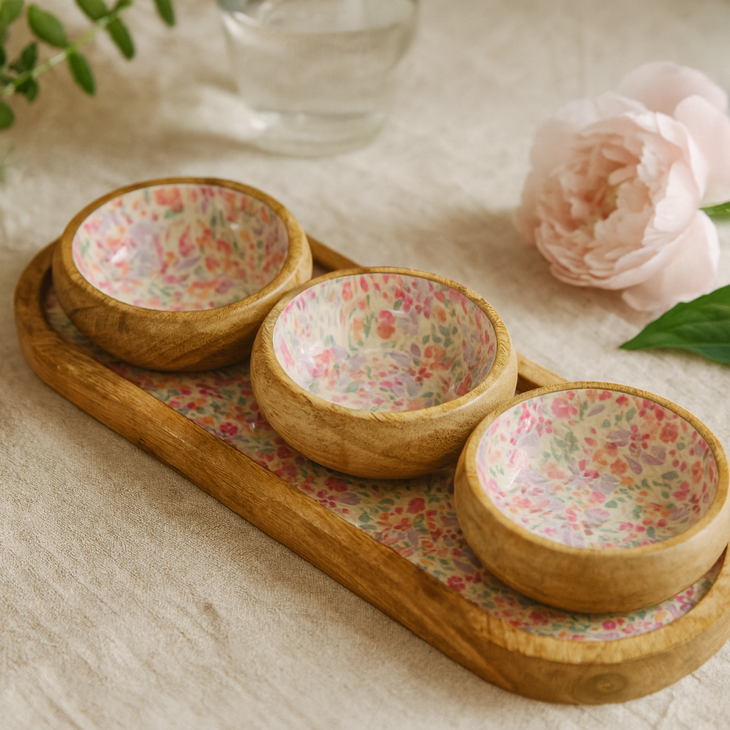 Elegantes Tablett-Set aus Mangoholz mit handbemalten Keramikschalen mit Blumenmuster – perfekt für Unterhaltung und Dekoration