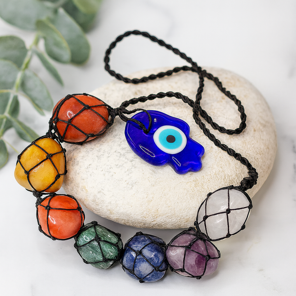 Pandantiv de piatră pentru chakre suspendat, mână Hamsa ochiul rău