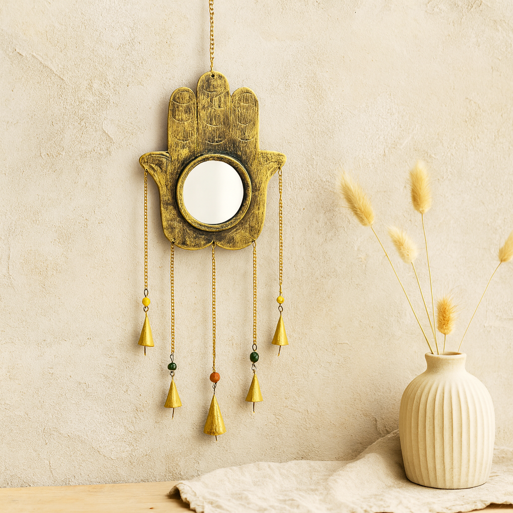 Hamsa kézi tükör szélcsengő 5 rézből készült haranggal