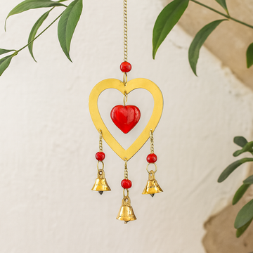 Brass Wind Chime 3 Bells Glass Heart Beads