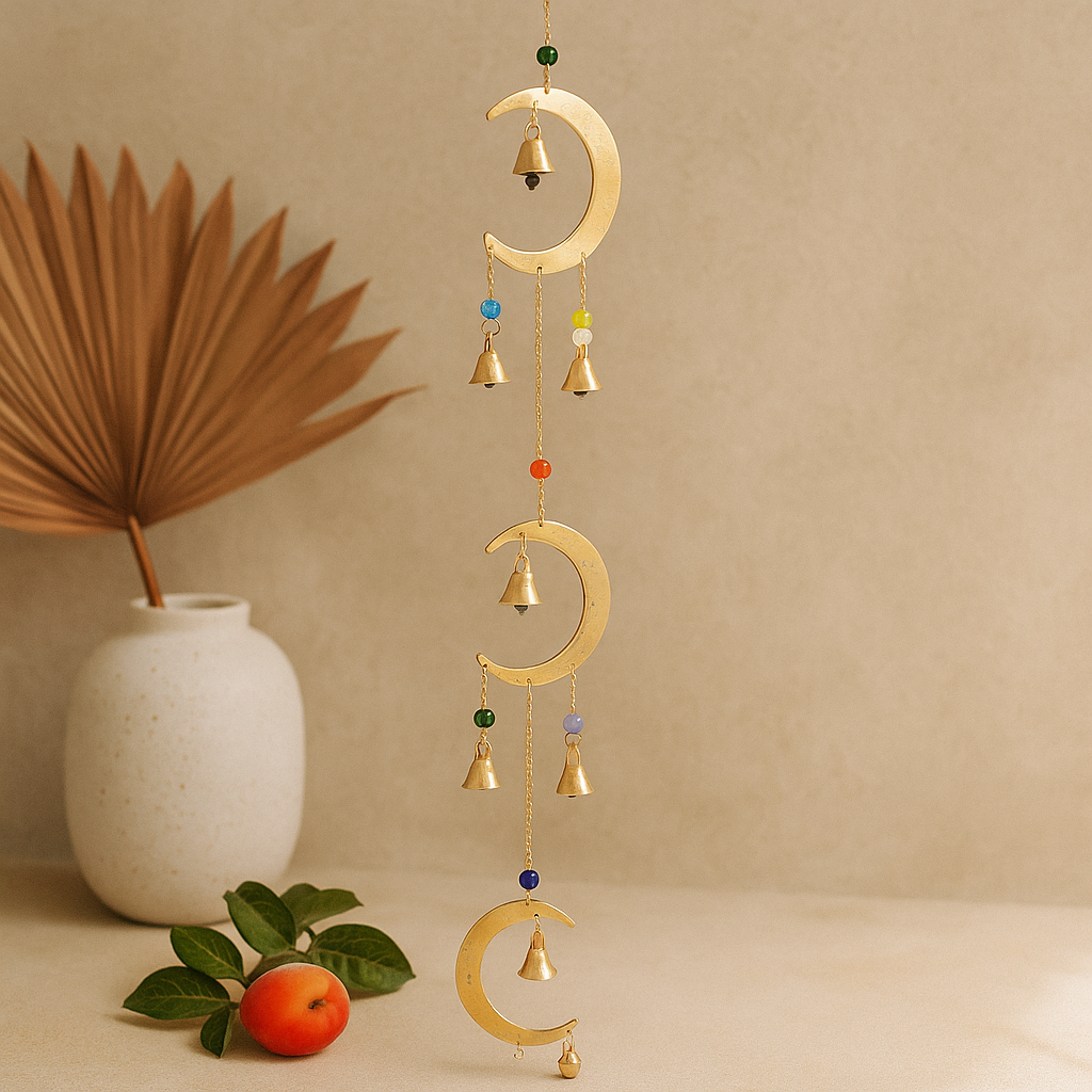 Mondtropfen-Windspiel aus Messing mit 10 Glöckchen – handgefertigtes indisches Dekor für Gelassenheit und Eleganz