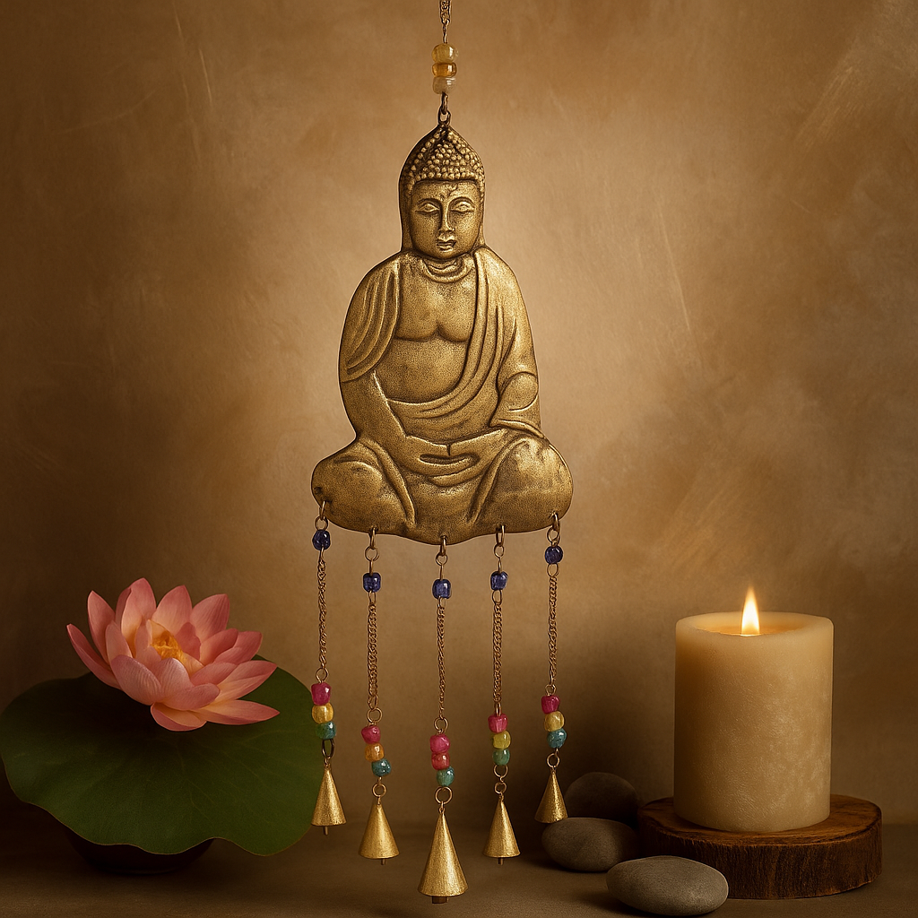 Buddha szélcsengő, 5 kézzel készített réz harang