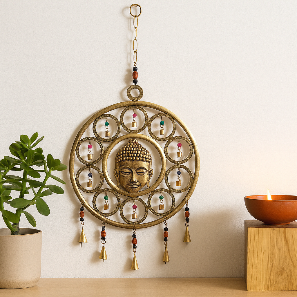 Large Brass Wind Chime Buddha Face, 15 Bells