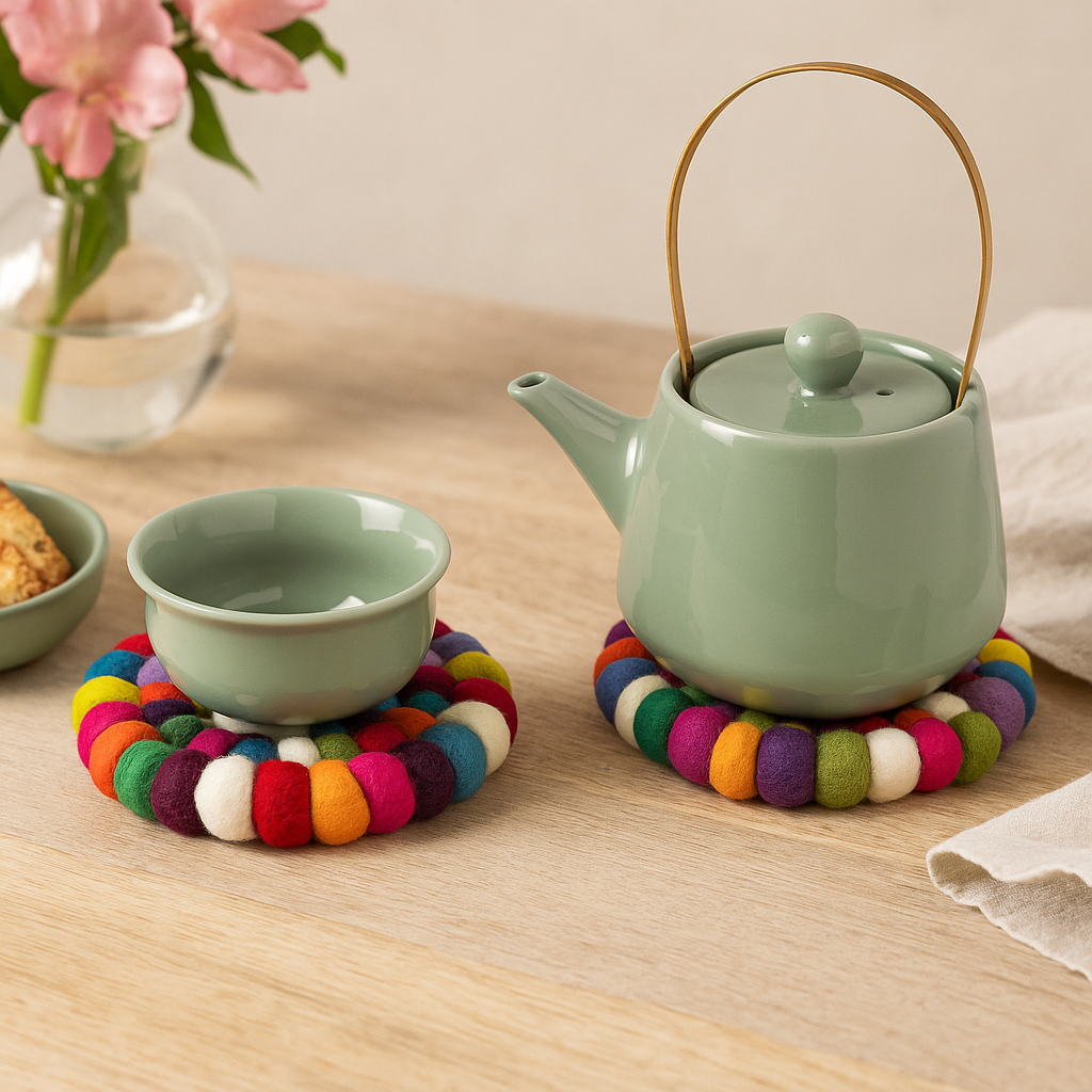 Runde Untersetzer mit Filzkugeln – Mehrfarbig (4er-Set)