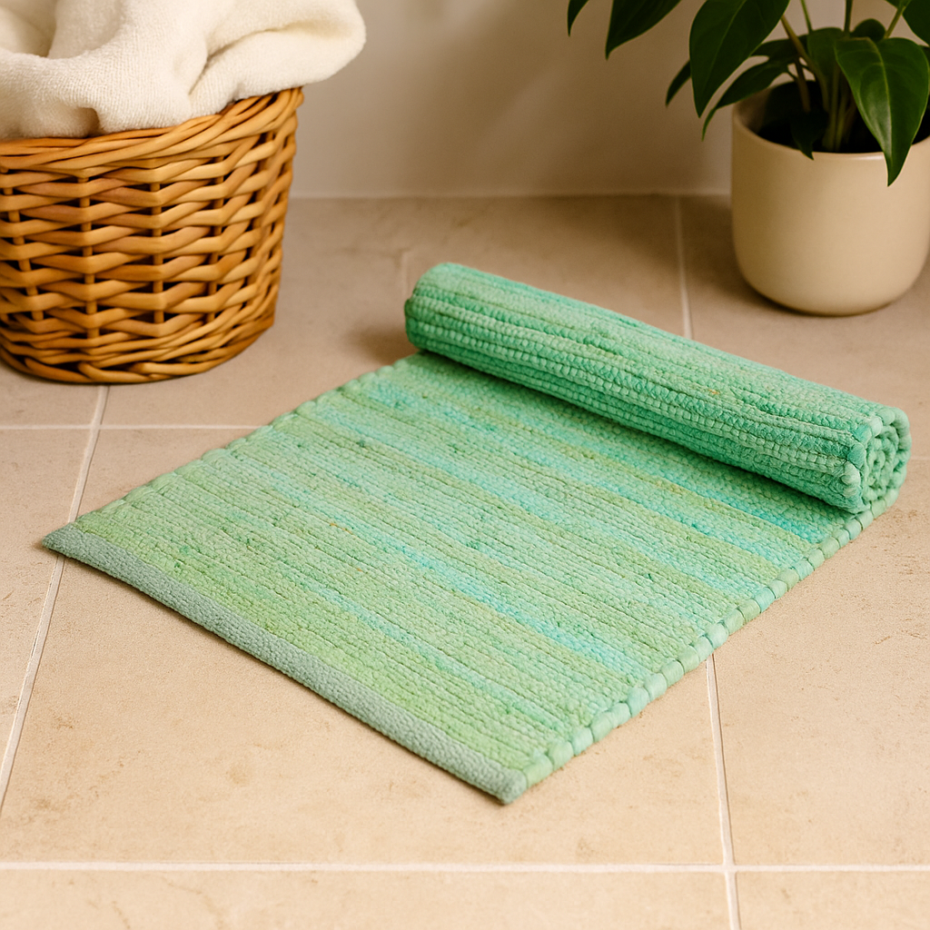 Handgefertigter aquagrüner indischer handgewebter Baumwollteppich – strukturiertes pastellfarbenes gewebtes Bodendekor