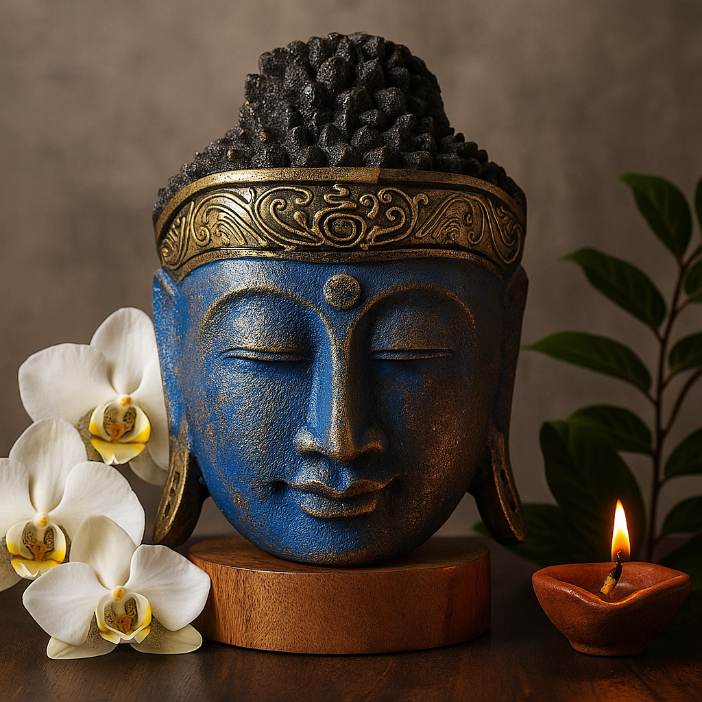 Statuie Cap Buddha Sculptată Manual Lemn Albastru 25cm