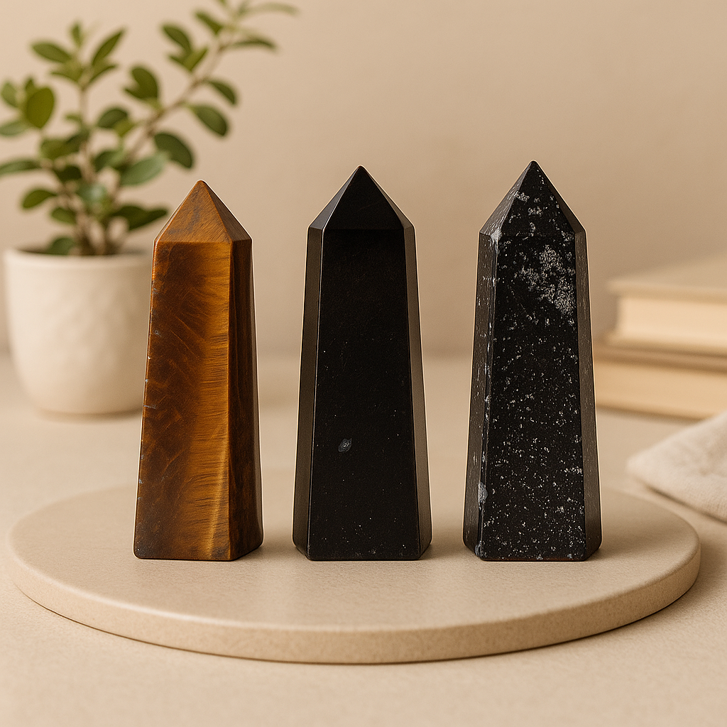 Tiger Eye, Obsidian, Snowflake Obsidian Crystal Obelisks 5cm