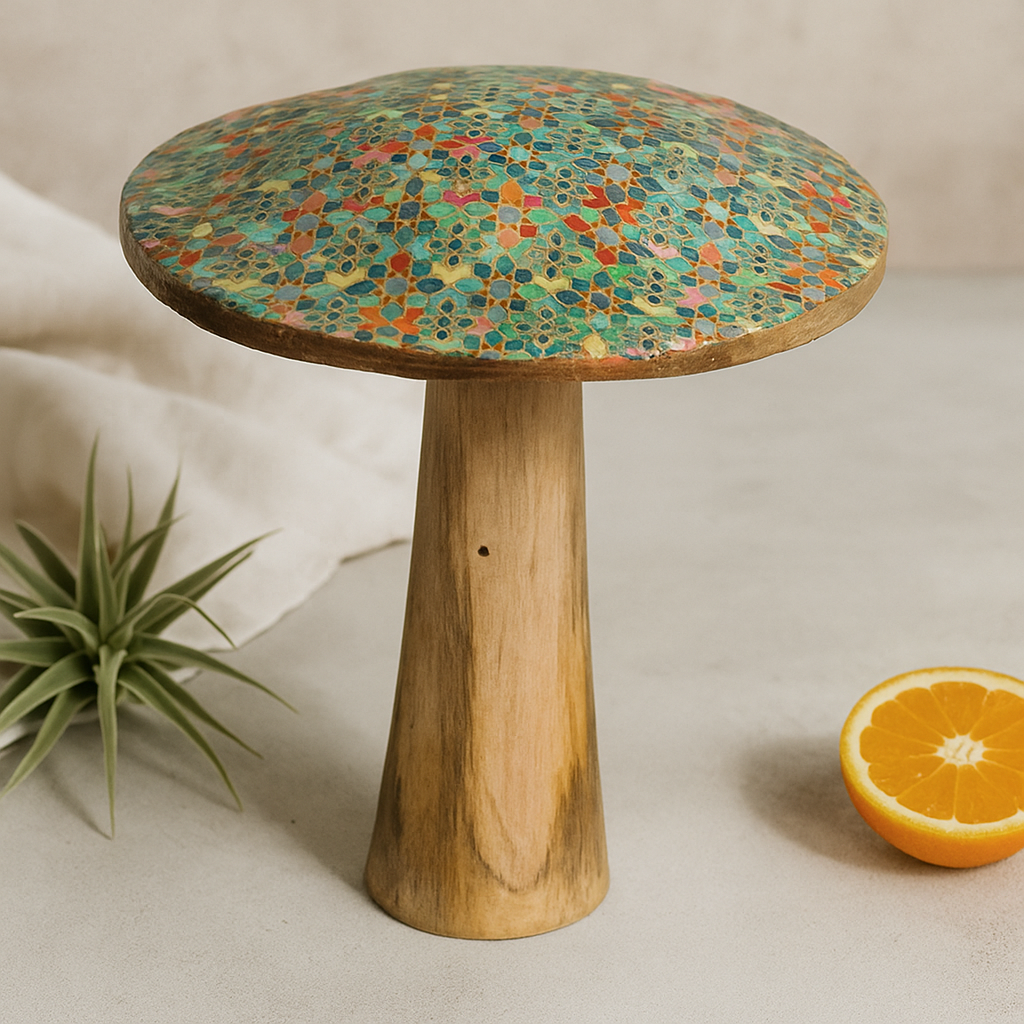 Decorazione in legno a forma di fungo con motivo a piastrella mediterranea