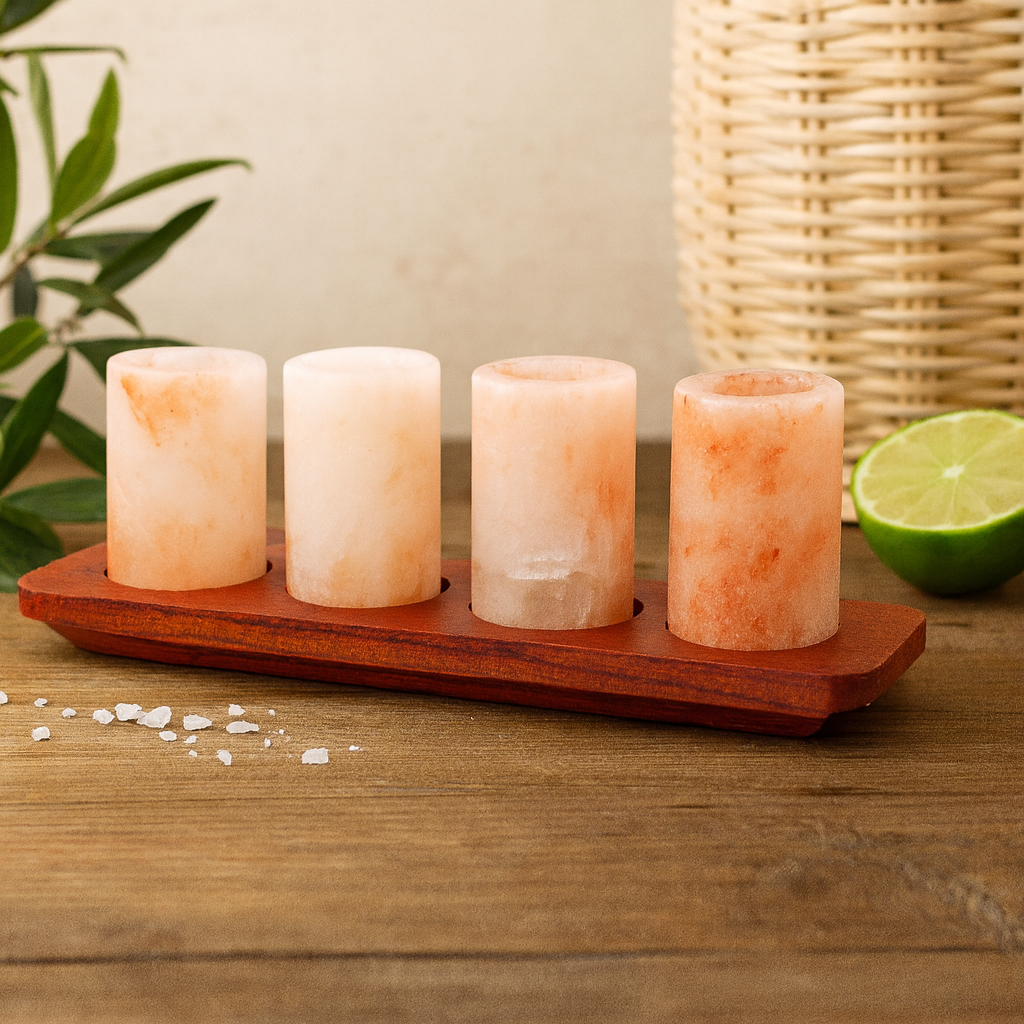 Schnapsgläser aus Himalaya-Salz und Servierständer aus Holz – 4er-Set