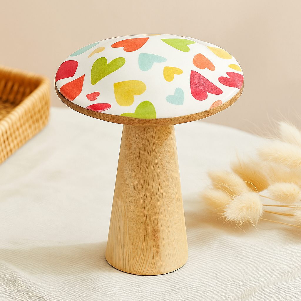 Grande decorazione in legno a forma di fungo con cuori pastello