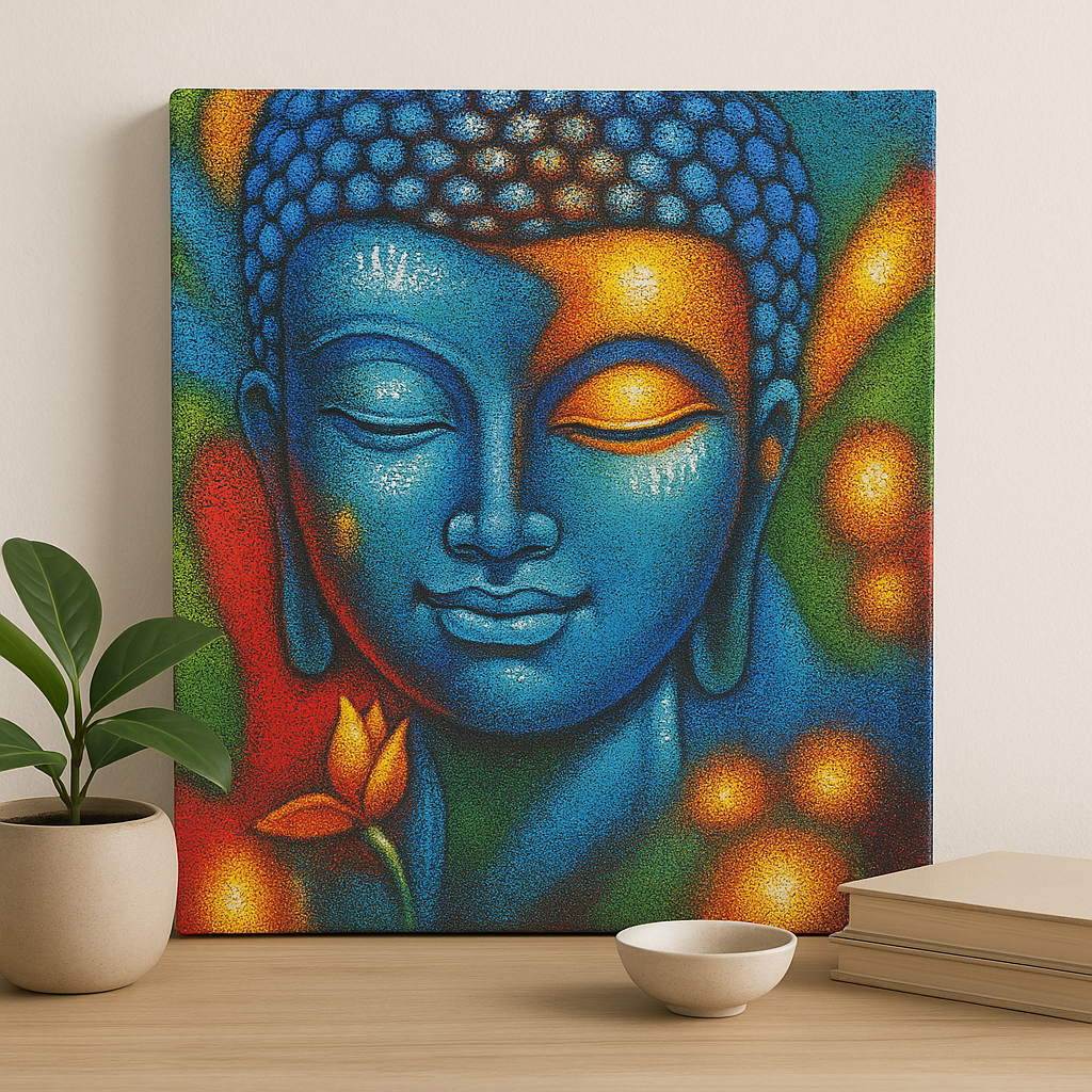 Buddha malba modrá a zlatá květina 75x55cm