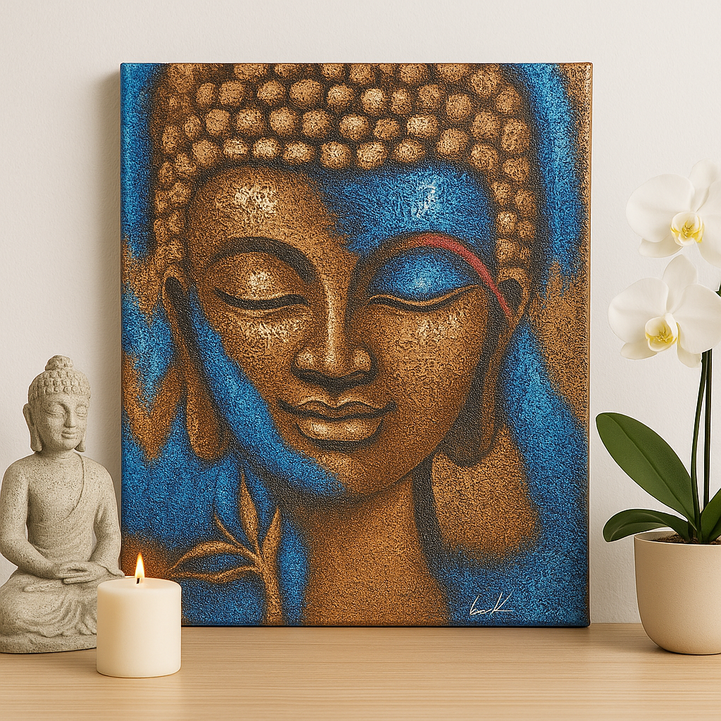 Buddha malba bronzová a modrý květ 75x55 cm