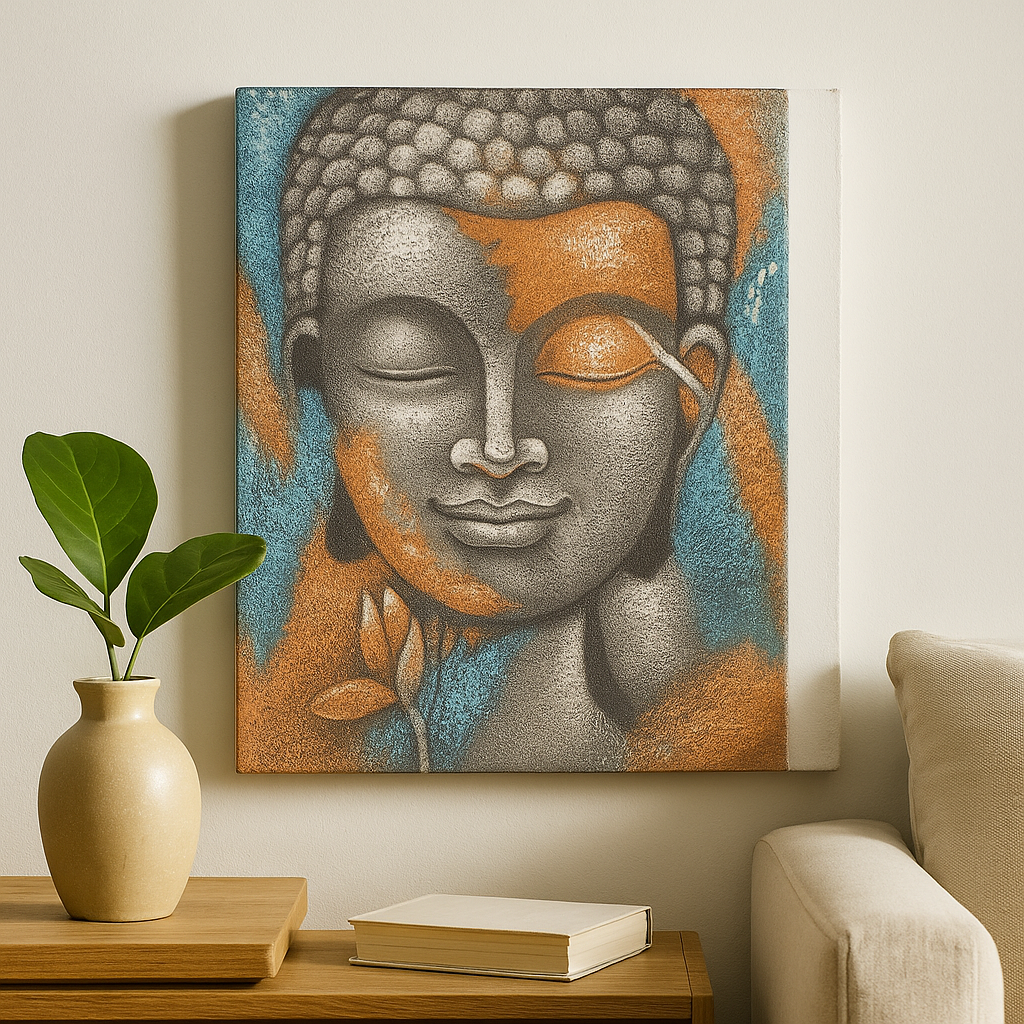Buddha malba stříbrná a růžově zlatá květina 75x55cm