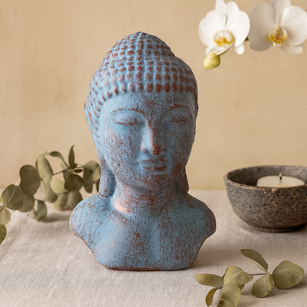 Betonová socha hlavy Buddhy - modrá měď