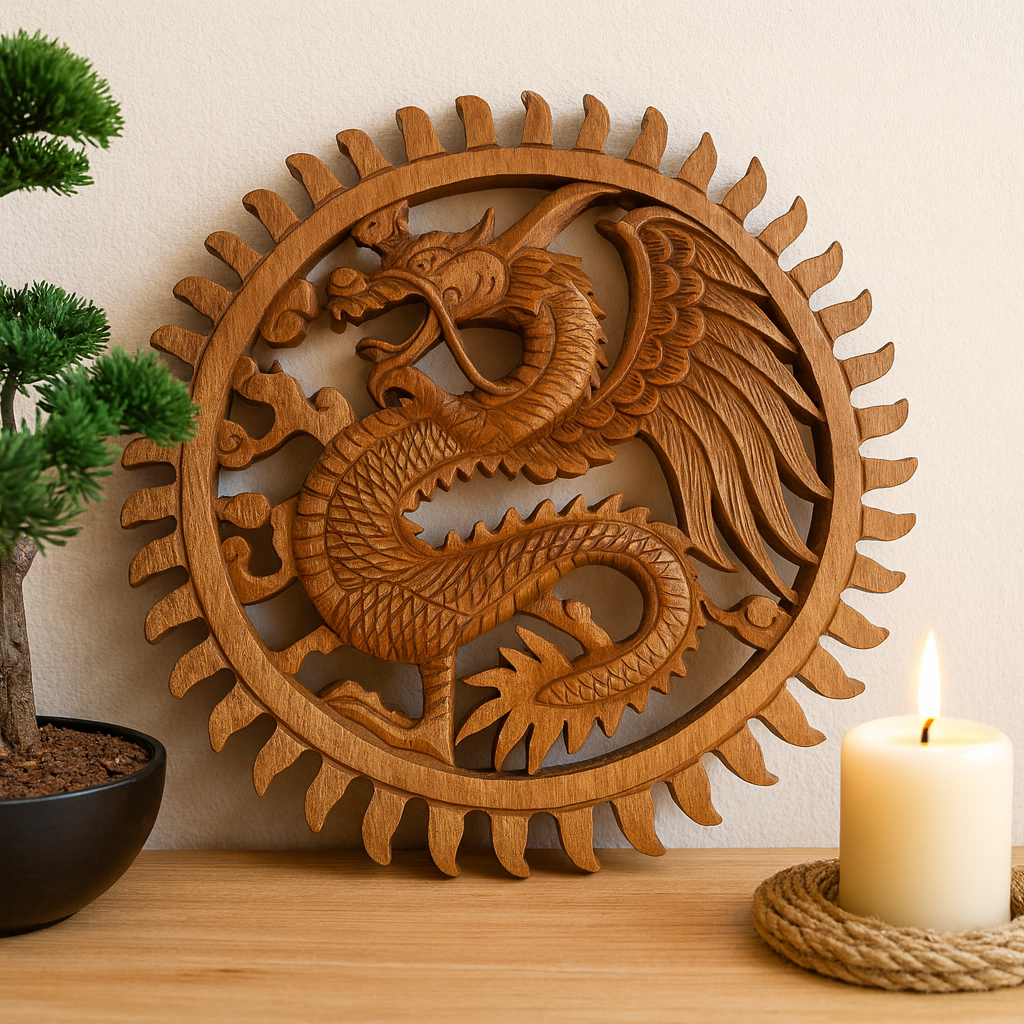 Geschnitzte Plakette mit geflügeltem Sonnendrachen – 30 m